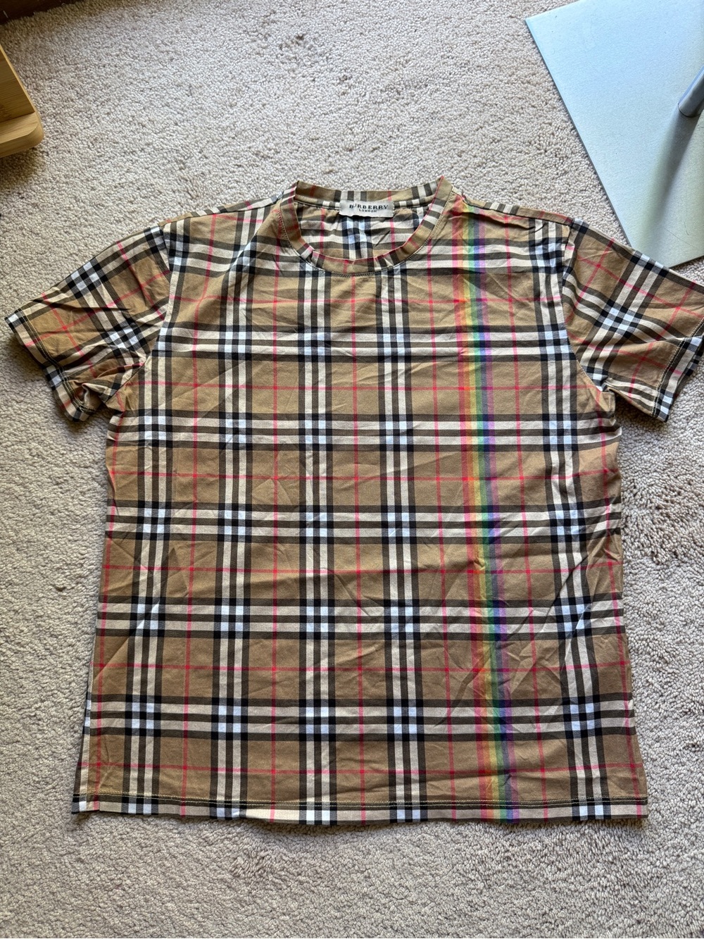 Burberry Tan Check Short Sleeve Tee with Red Accent
